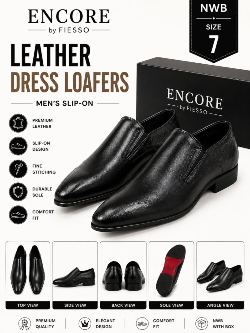 NWB Encore by Fiesso FI3240 Black Leather Dress Loafers Men's Size 7